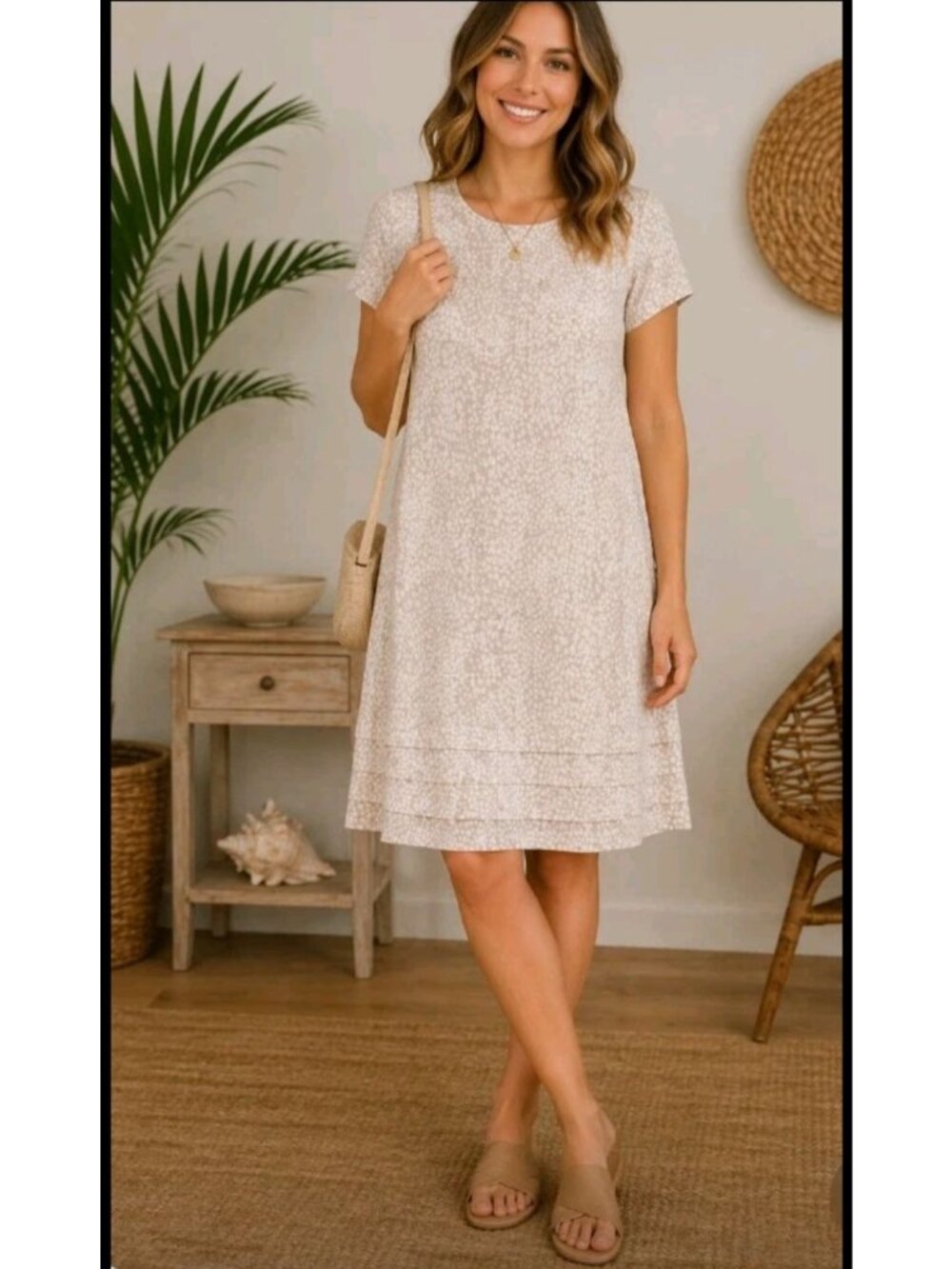 Womens Linen Blend Dress Layered Hem V-Neck Pebble Print Casual Size Small